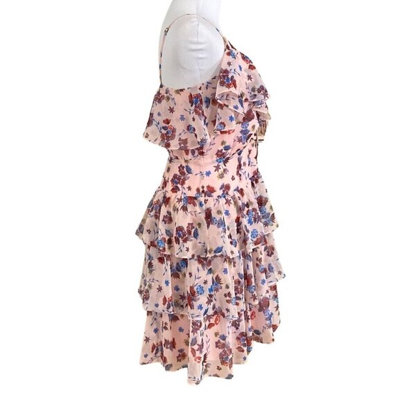 REBECCA MINKOFF MARLA PINK FLORAL RUFFLE LACE UP LAYERED MINI CHIFFON DRESS - Picture 2 of 9